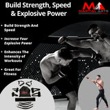 Advertisement for martial arts training gear with text about building strength, speed, and explosive power.