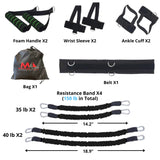 Collection of fitness equipment including foam handles, wrist sleeves, ankle cuffs, a bag, a belt, and resistance bands on a white background.