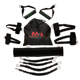 Set of black resistance bands and straps with a black bag featuring a logo on a white background.