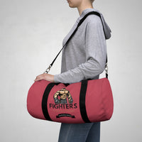 MMA Legends Duffel Sports Bag - Being carried, MMA Legends Duffel Bag, Fighters Sports Bag, Boxing Gear Bag, MMA Gym Bag, Martial Arts Equipment Bag, Red Heather Color Travel Bag, Duffel Bag For Fighters, Duffle Bag For Boxers, size 19"x9.5"x9,5" sports bag, Kickboxing Gear Bag, Muay Thai Duffel Bag, BJJ Gym Bag